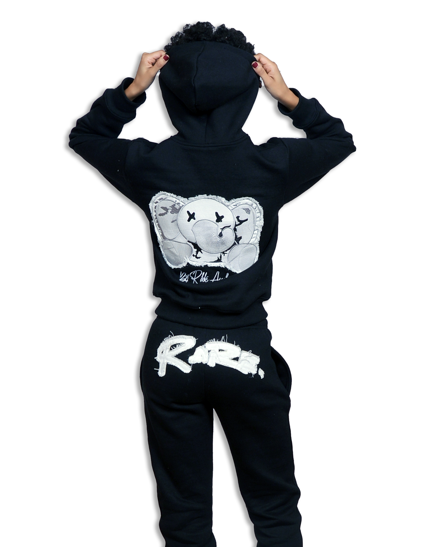 WHITE & BLACK Distress Stuffed Elephant Zip Hoodie